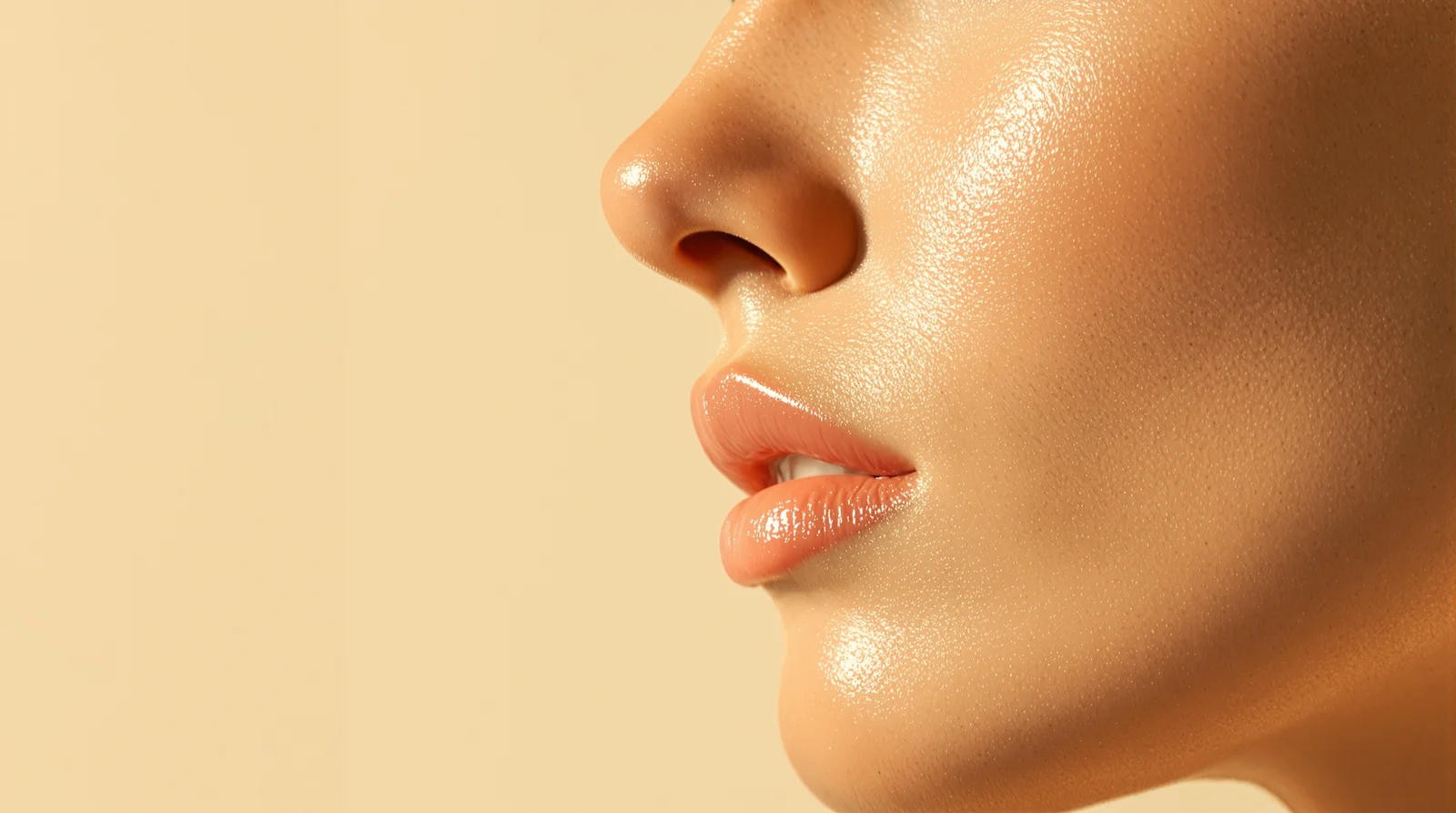 Editorial close-up of luminous skin along the jawline and neck in warm golden light