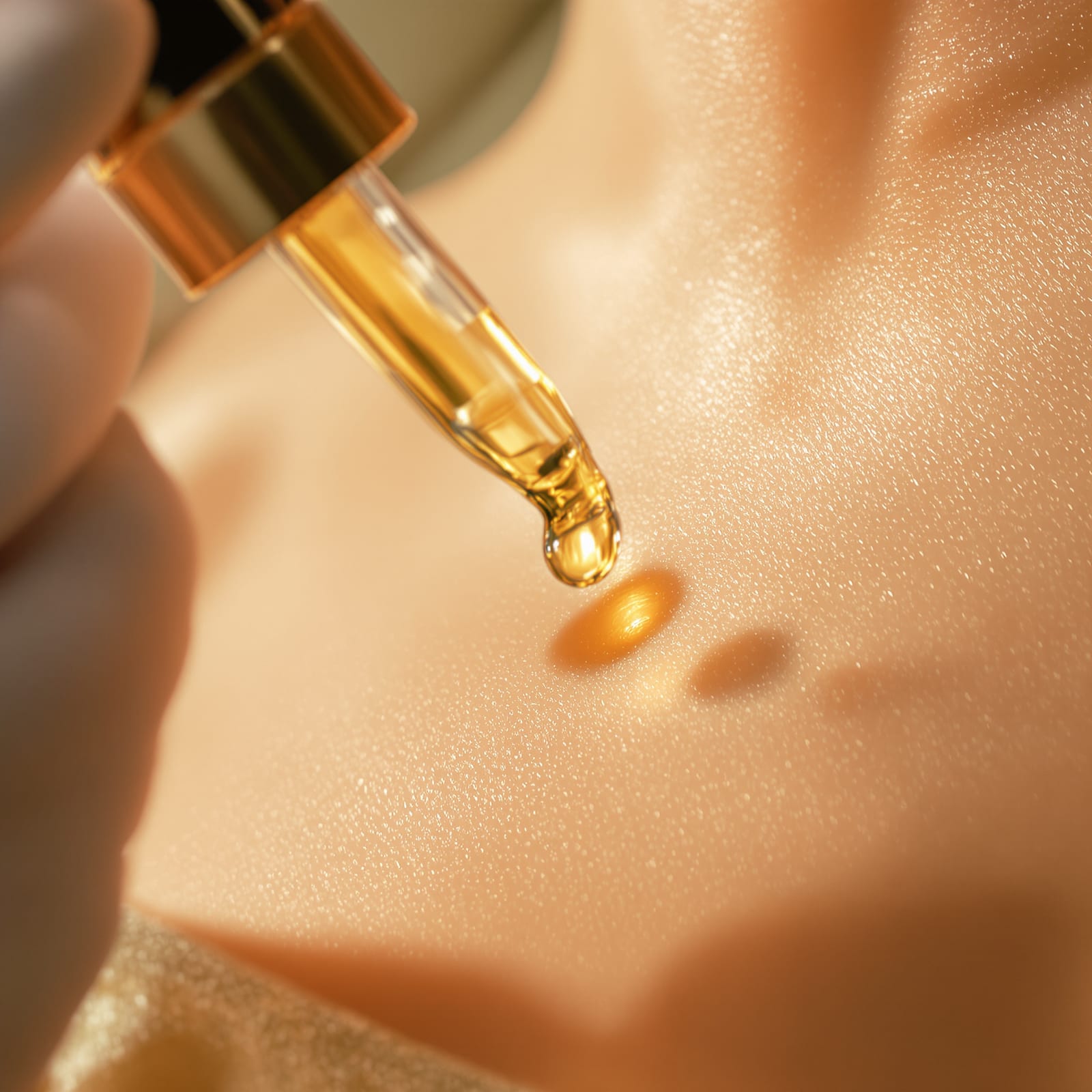 Golden serum droplet on skin during a dermatology treatment